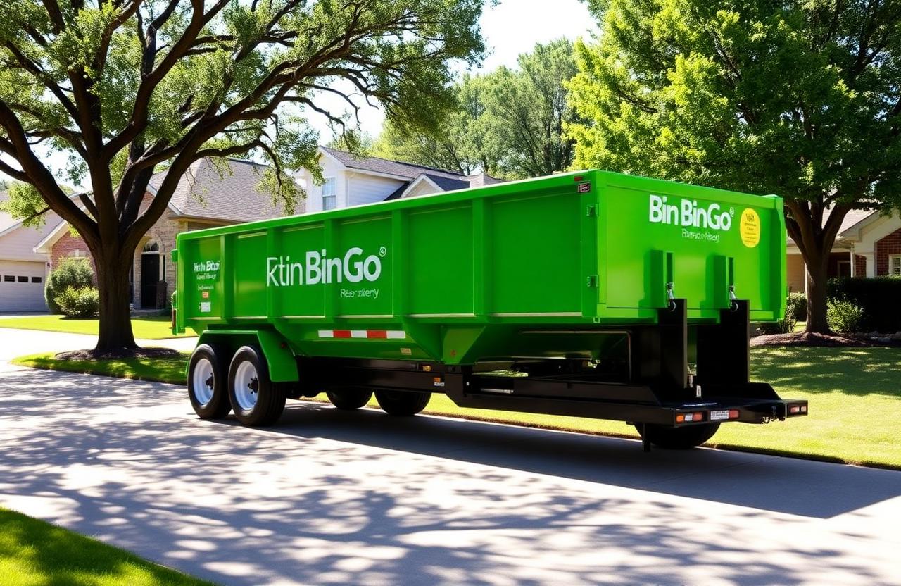 Green BinGo roll-off dumpster rental on a suburban driveway in Allen, TX near mature trees