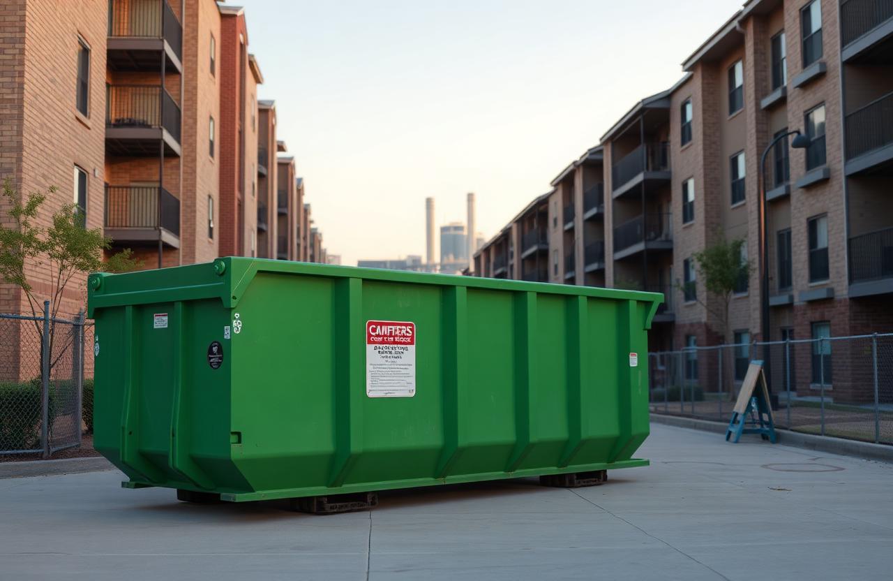 Green roll-off dumpster staged at an apartment turn in Arlington, TX for a BinGo dumpster rental