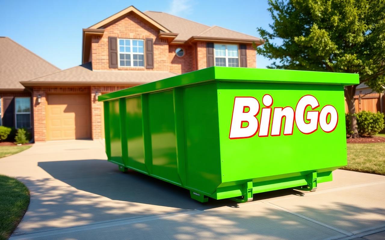 Green BinGo roll-off dumpster on the driveway of a brick two-story home in Carrollton, TX with driveway boards down