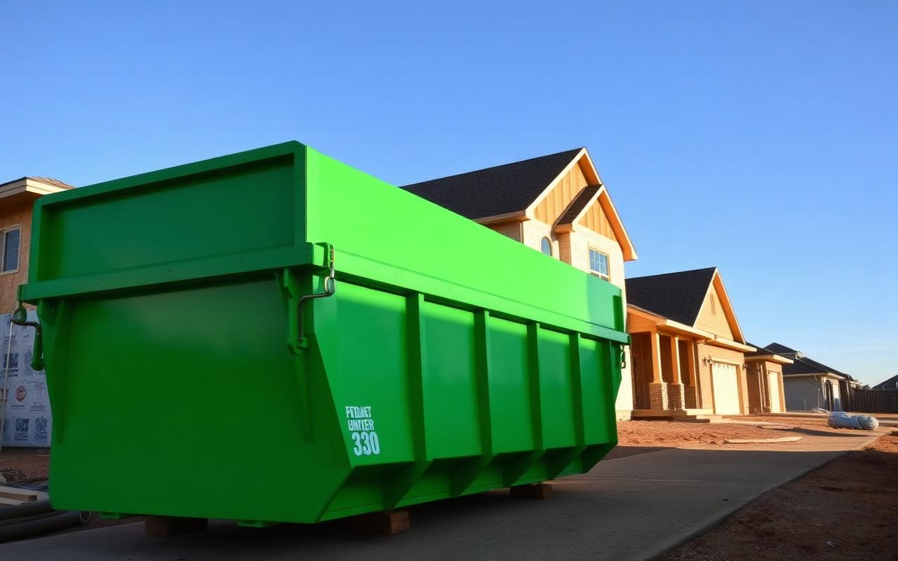 Green BinGo roll-off dumpster beside a newly framed house in a Celina, TX subdivision