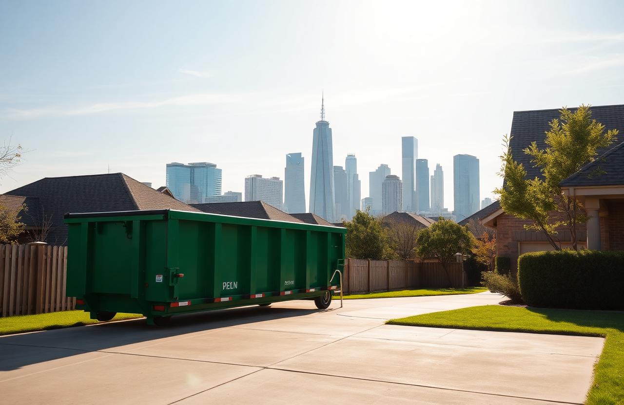 Green BinGo 20 yard roll-off dumpster parked on a residential driveway in Dallas, TX with the downtown Dallas skyline behind it