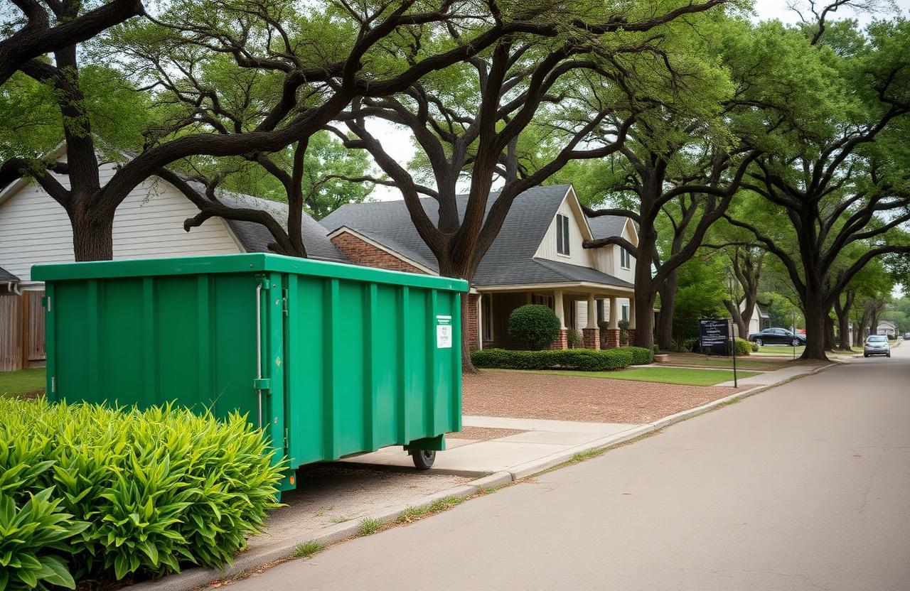 BinGo dumpster rental outside a student rental house on a tree-lined street in Denton, TX