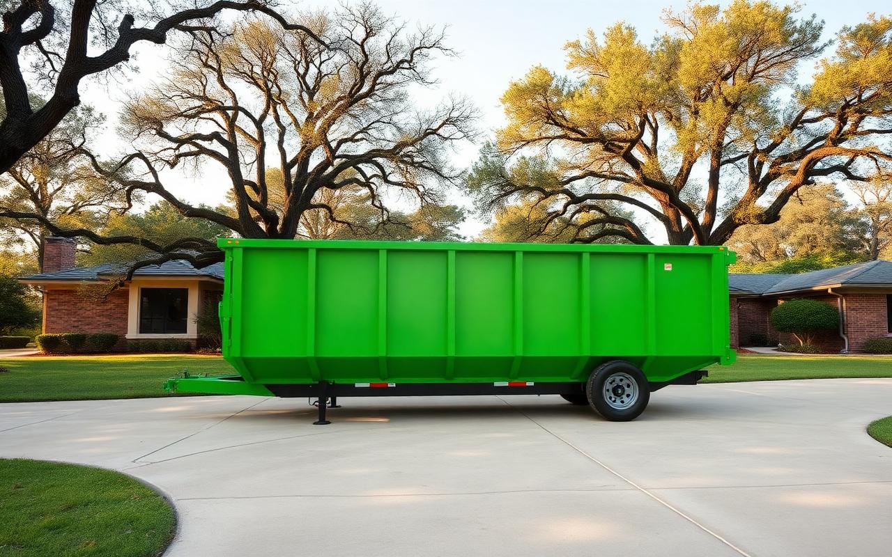 Green BinGo roll-off dumpster on an acreage-lot driveway under mature oaks in Fairview, TX