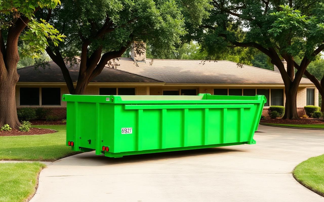 Green BinGo roll-off dumpster on the driveway of a mid-century ranch home in Farmers Branch, TX