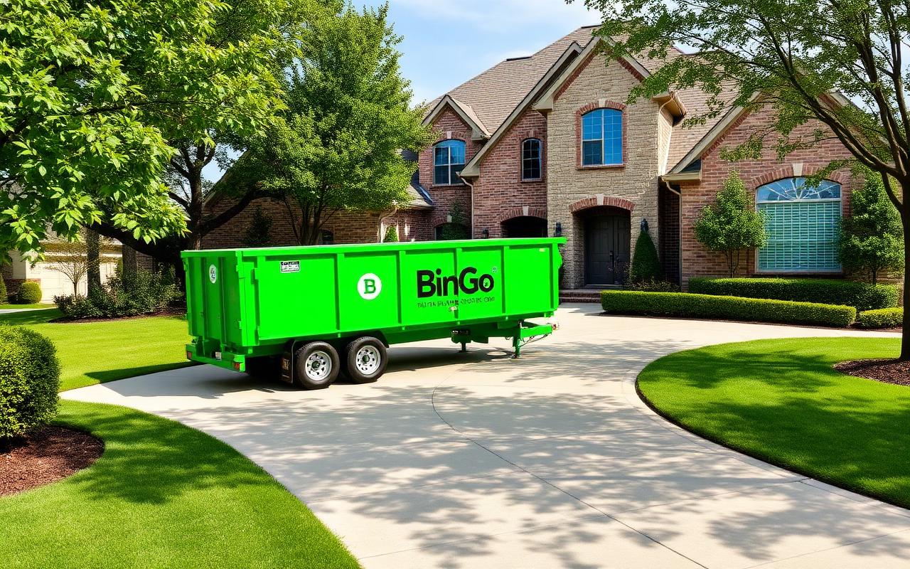 Green BinGo dumpster rental parked on the long driveway of a stone-and-brick home in Flower Mound, TX