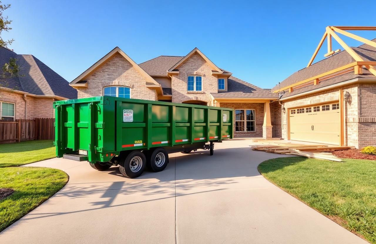 Green construction dumpster rental on a new-build home driveway in Frisco, TX