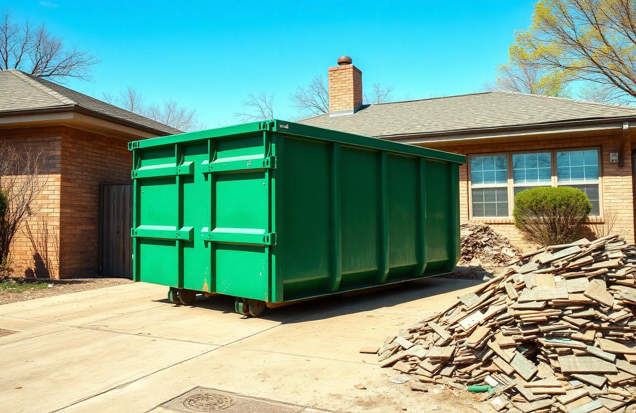 BinGo roll-off dumpster in a Garland, TX alley next to a roof tear-off shingle pile