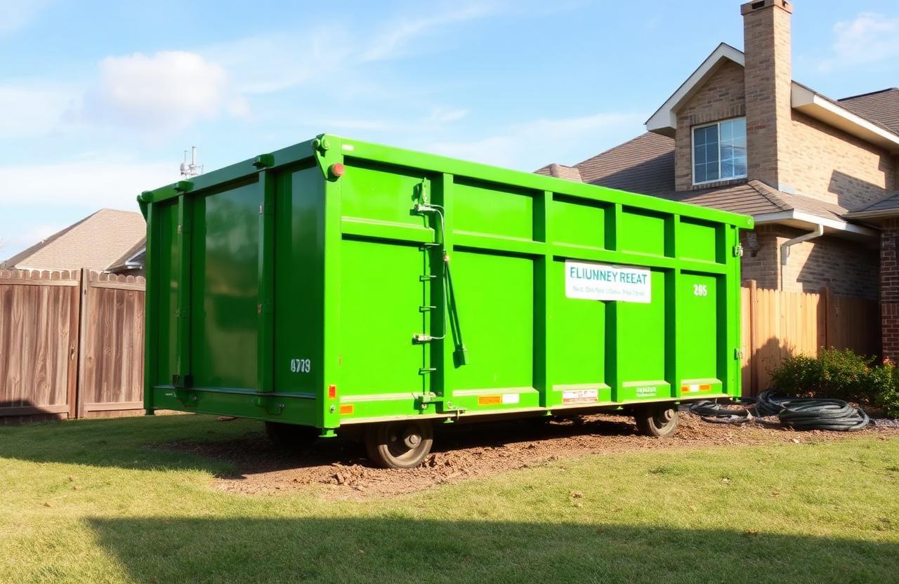 BinGo roll-off dumpster set on the yard for a fence tear-out job in Grand Prairie, TX