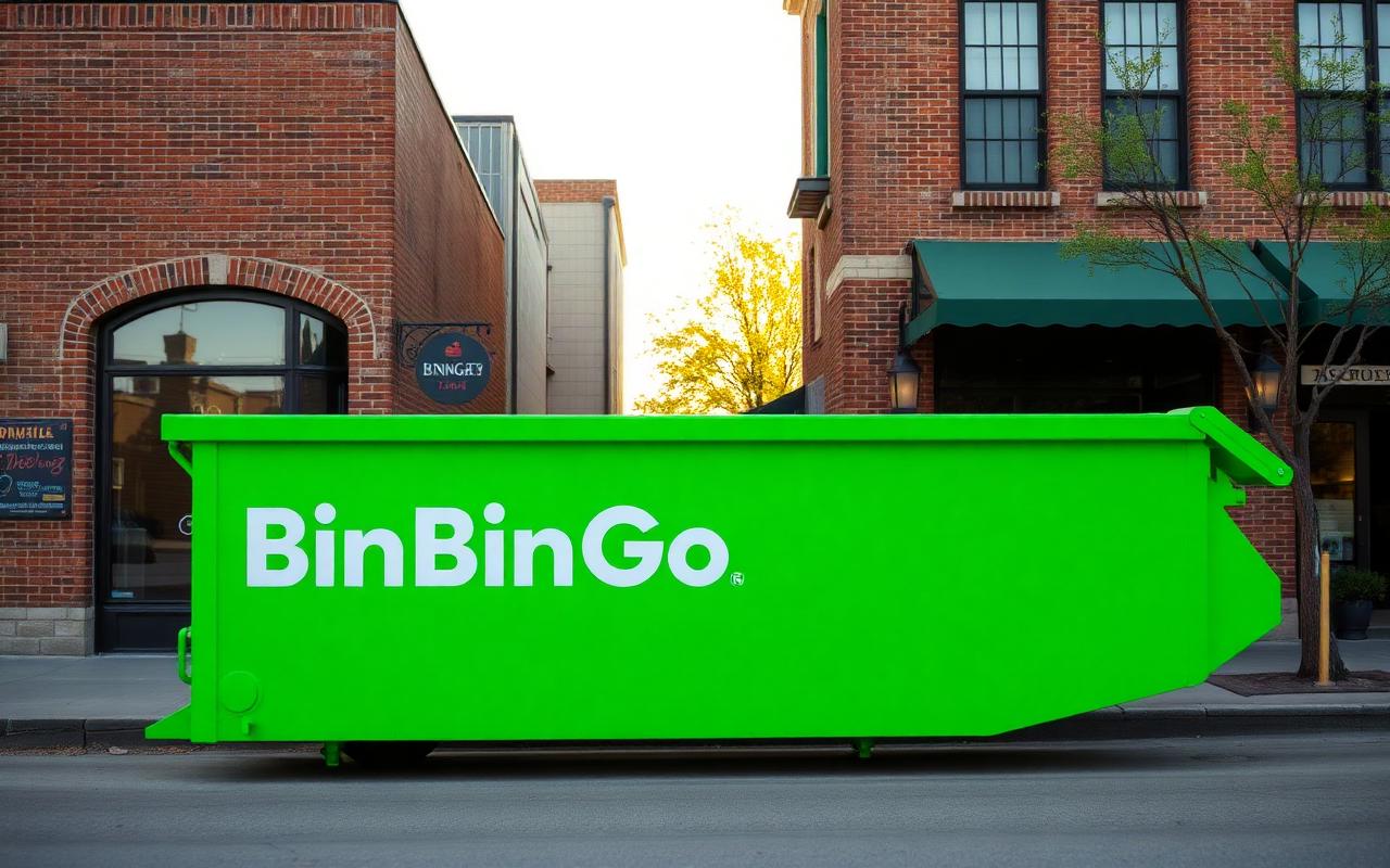 Green BinGo roll-off dumpster staged beside a historic brick storefront on Main Street in Grapevine, TX