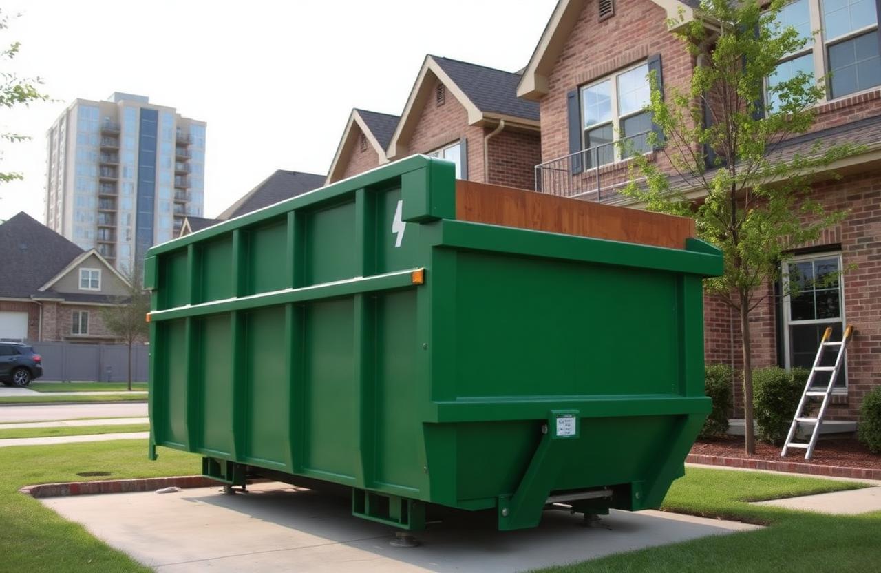 Roll-off dumpster rental placed beside a townhome remodel in Irving, TX near Las Colinas offices