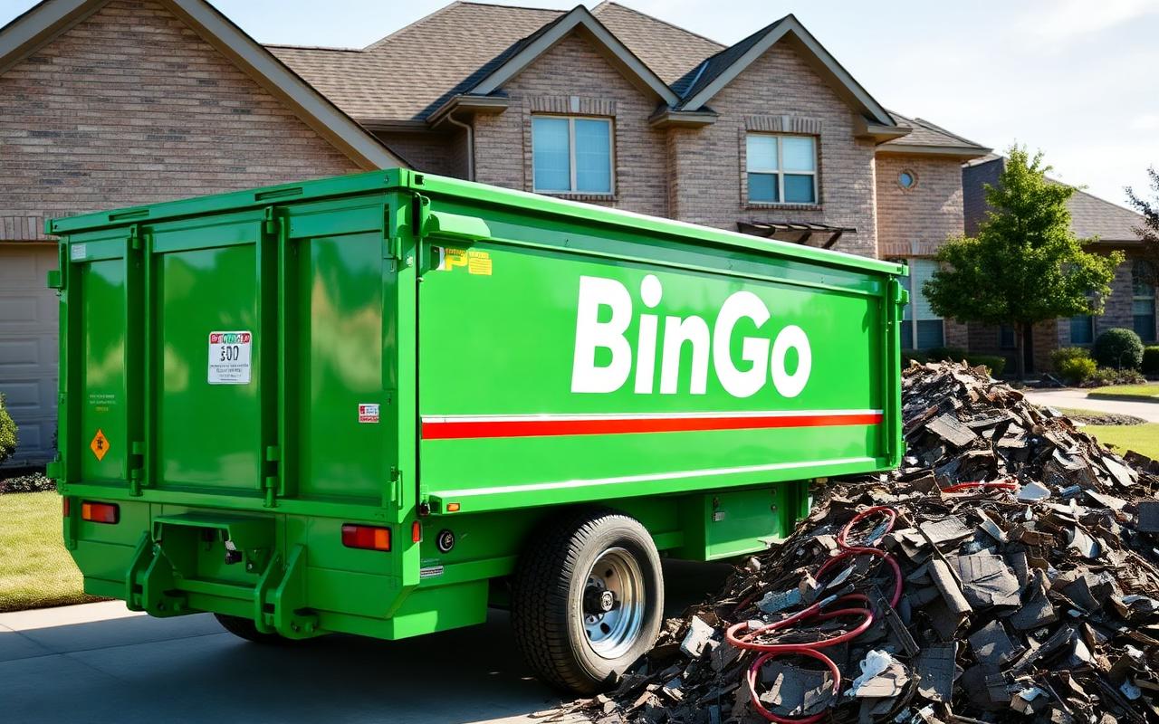 BinGo roll-off dumpster rental loaded with shingle tear-off debris at a home in Lewisville, TX