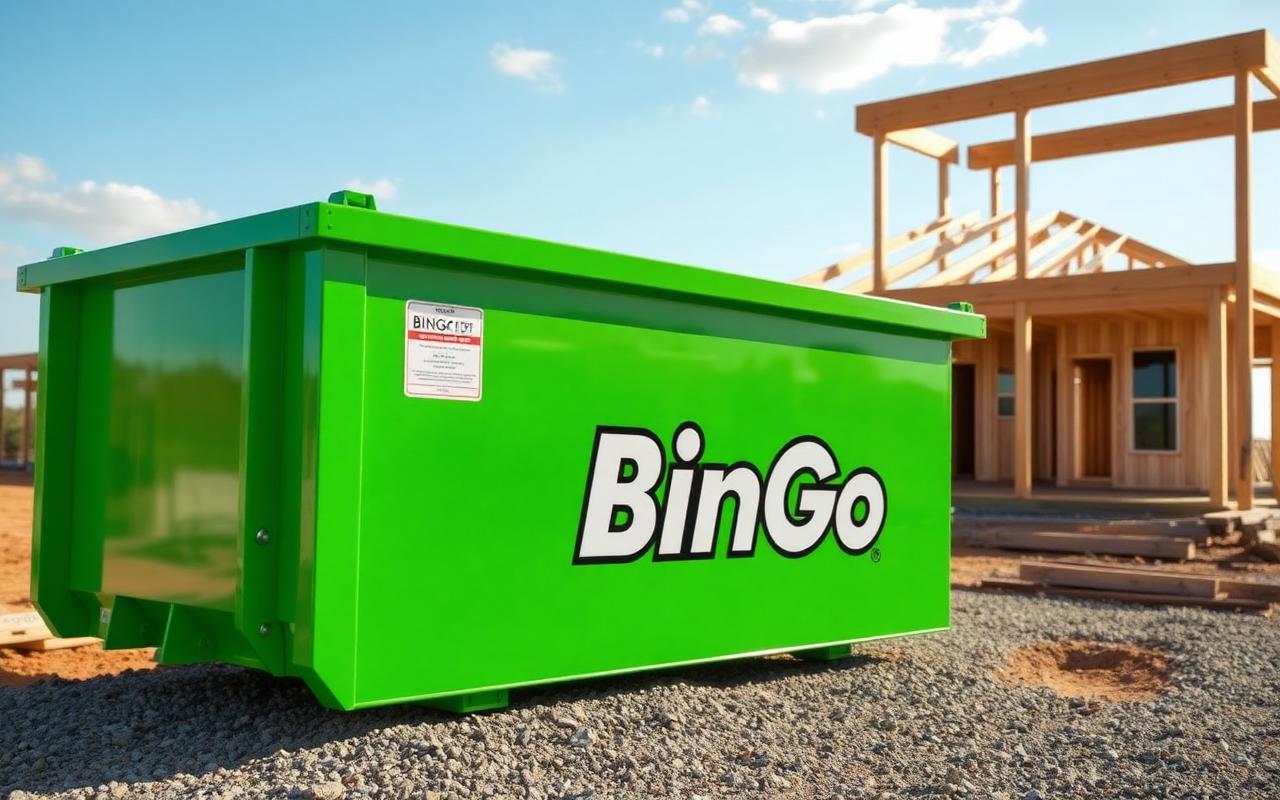 BinGo roll-off dumpster on gravel at a new construction home site in Mansfield, TX