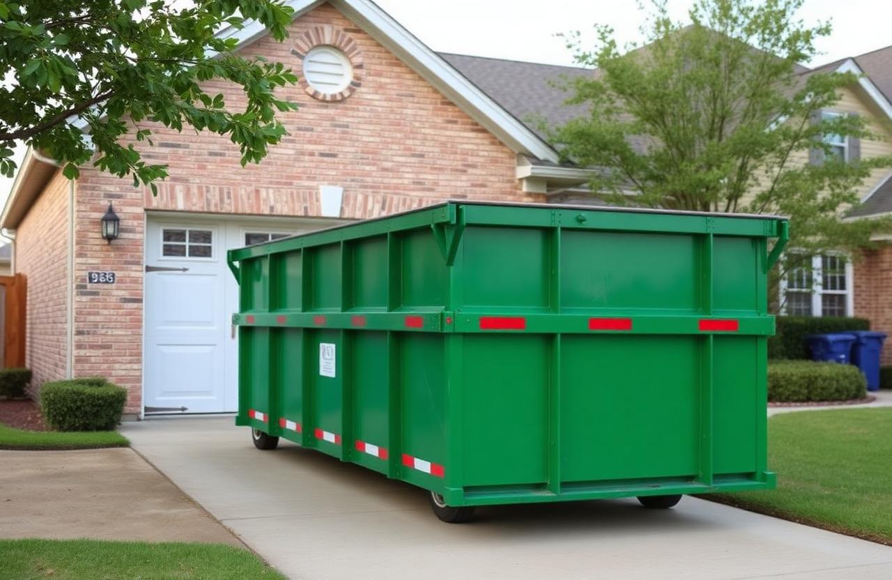 Green roll-off dumpster on a Mesquite, TX driveway during a garage and household cleanout
