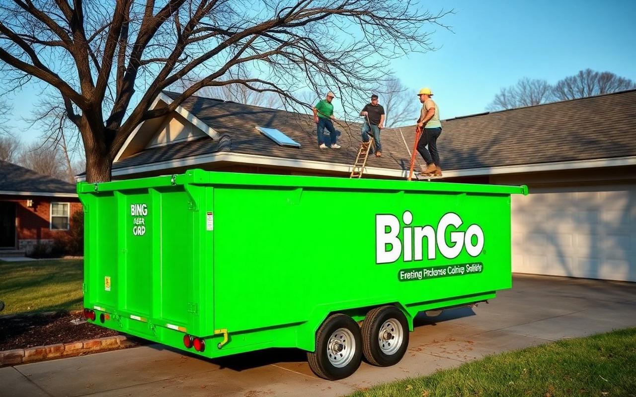 Roofers stripping shingles into a green BinGo dumpster at a ranch home in North Richland Hills, TX