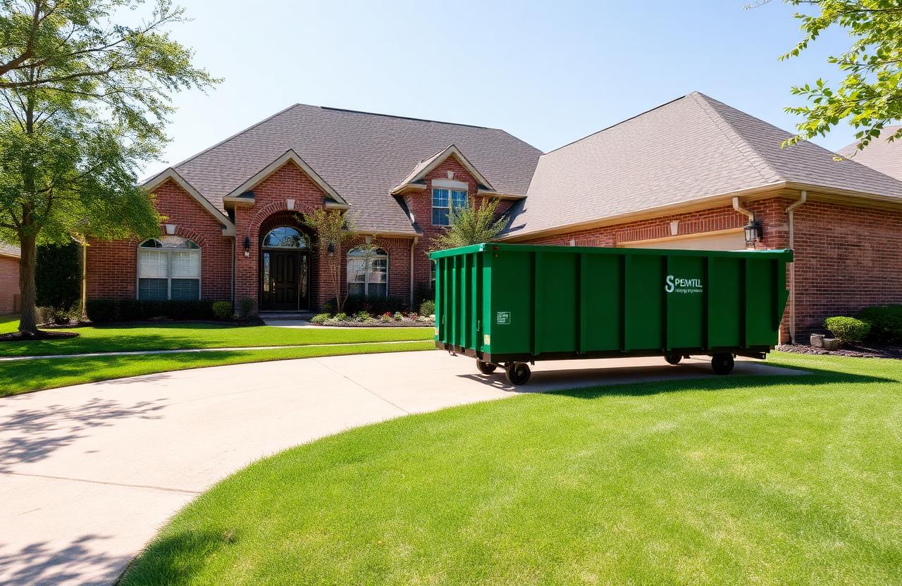 BinGo dumpster rental on the wide brick-home driveway of a Plano, TX house with driveway boards down