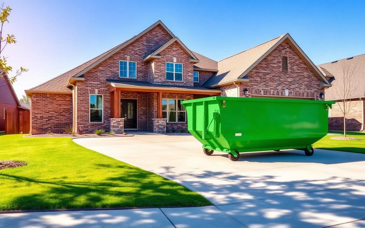 Green BinGo roll-off dumpster on the wide driveway of a new brick home in Prosper, TX