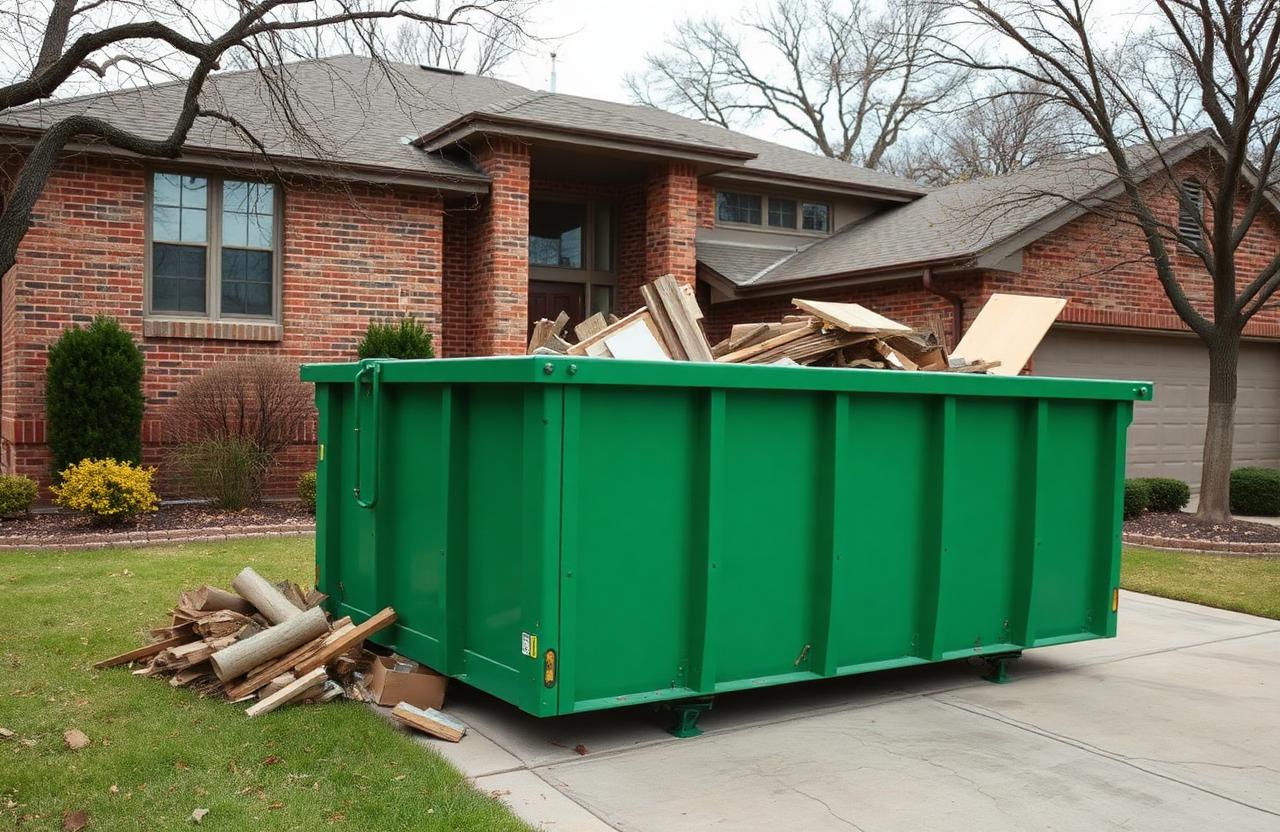 Roll-off dumpster rental loaded with kitchen remodel debris at a mid-century home in Richardson, TX