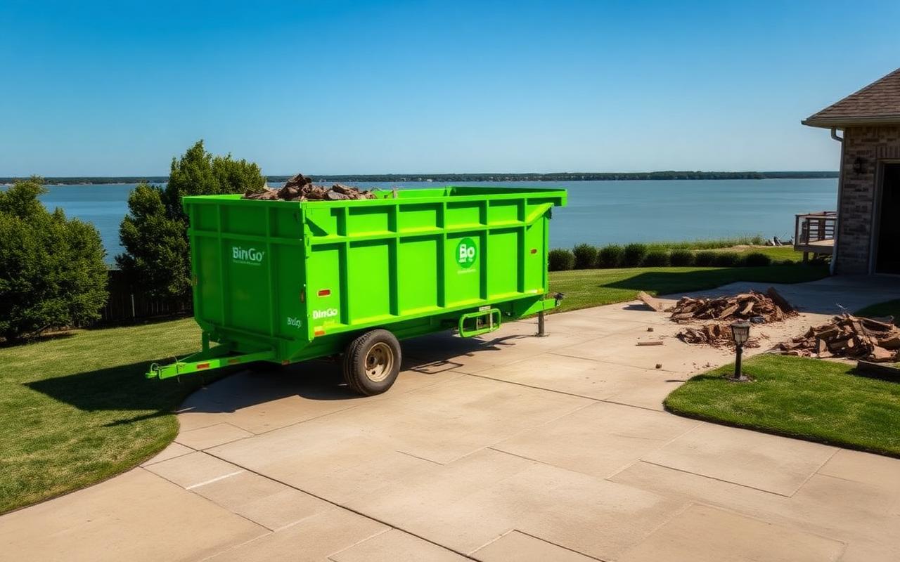 BinGo dumpster rental with deck demolition debris at a lakefront home in Rockwall, TX near Lake Ray Hubbard
