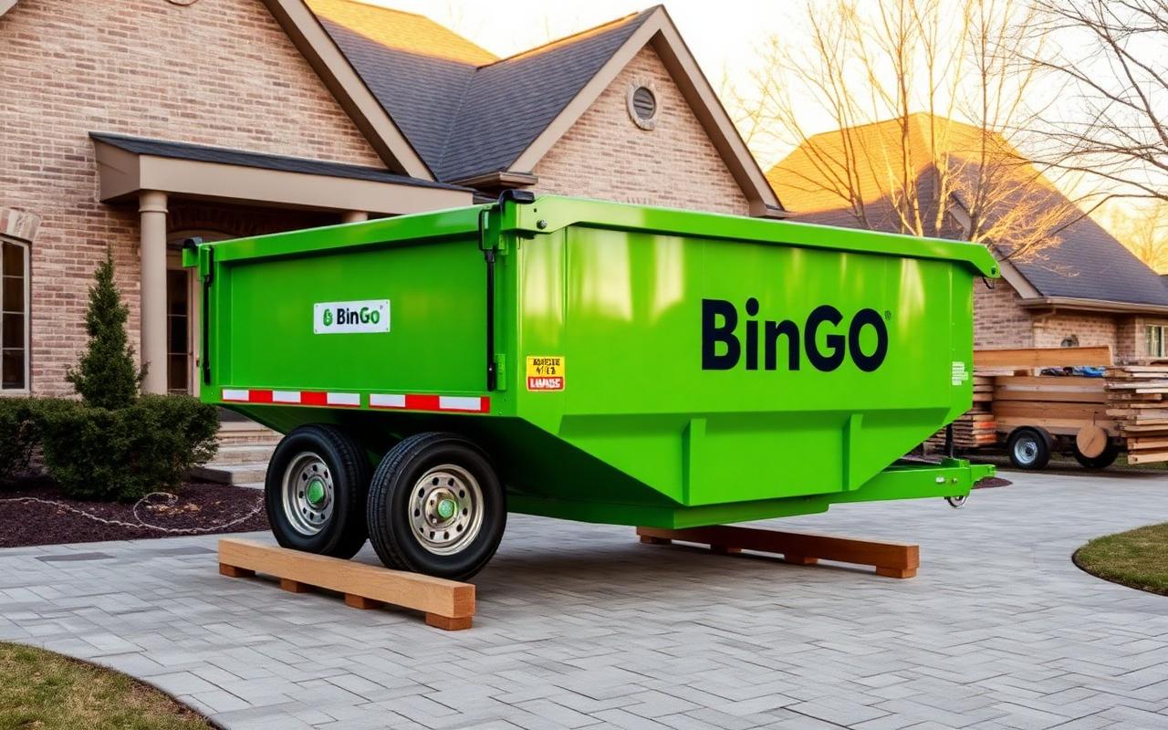BinGo roll-off dumpster set on lumber cribbing over a pavered luxury driveway in Southlake, TX