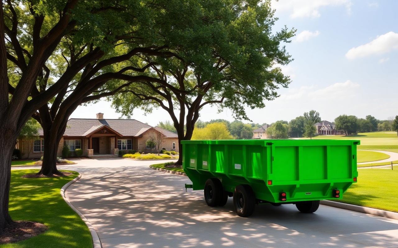 BinGo roll-off dumpster on a tree-shaded driveway near the golf course in Trophy Club, TX