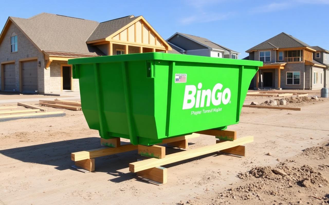 BinGo roll-off dumpster set on lumber cribbing at a new-build home site in Wylie, TX